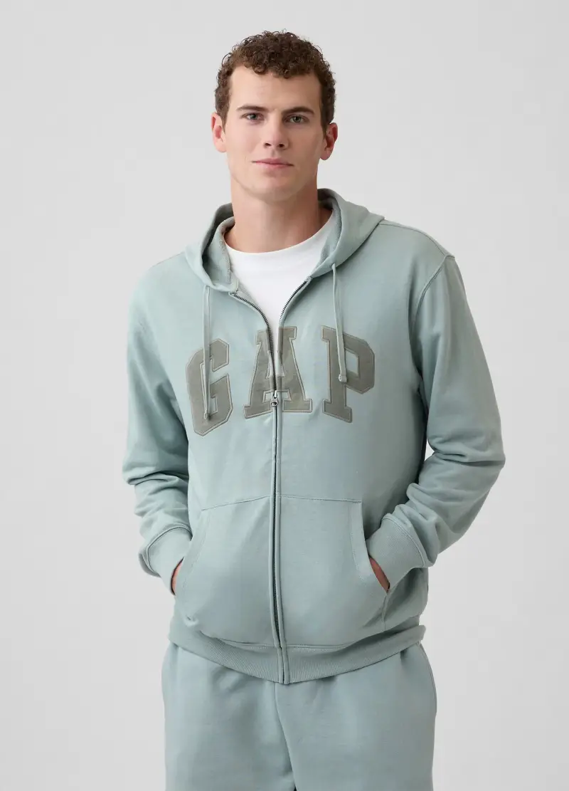 Felpa con cappuccio e logo in misto cotone, , Grigio/Verde