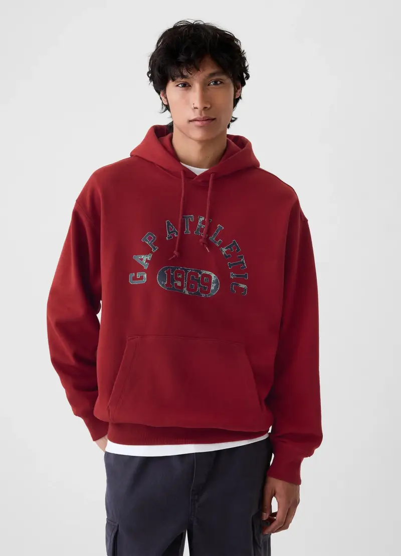 Felpa con cappuccio e stampa logo, , Rosso bordeaux