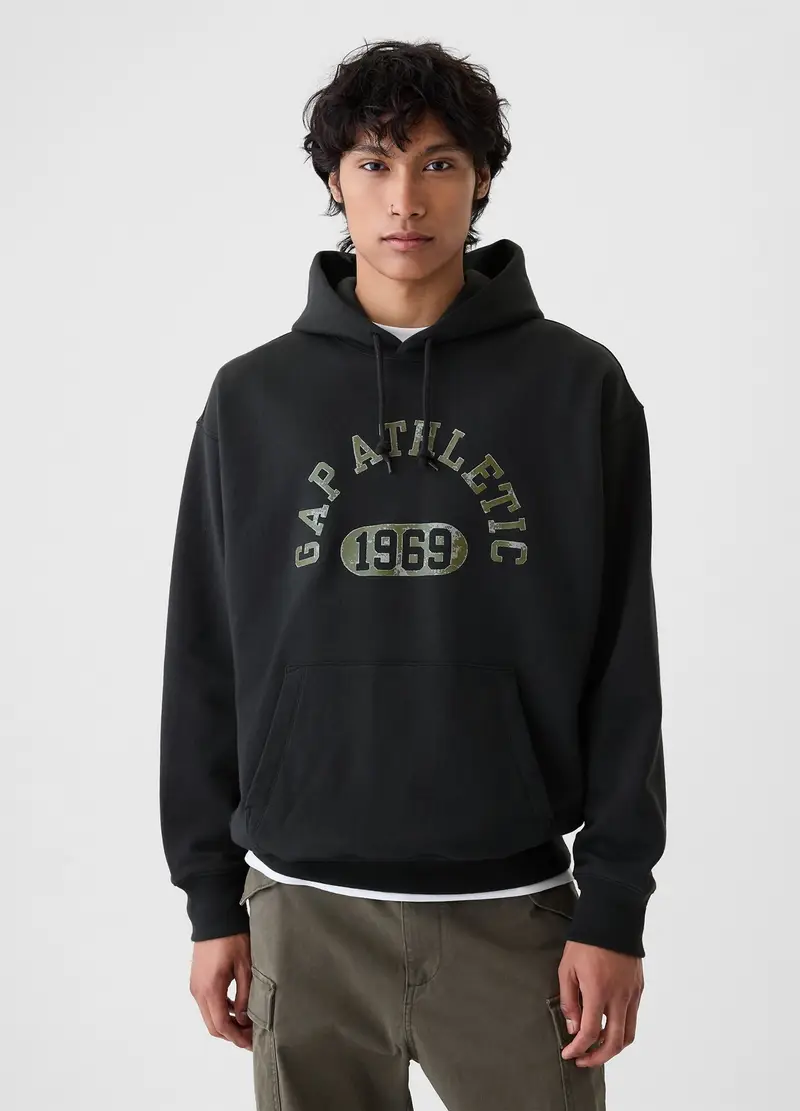 Felpa Con Cappuccio E Stampa Logo, Uomo, Nero