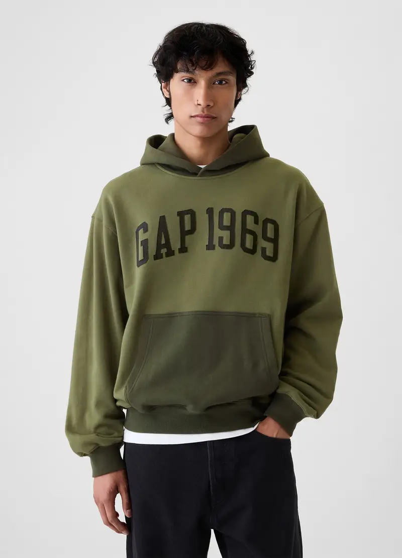 Felpa Con Cappuccio E Stampa Logo, Uomo, Verde