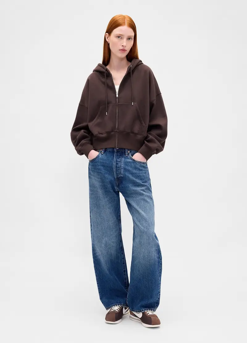 , Felpa Con Cappuccio E Zip, Donna, Marrone miniatura 3