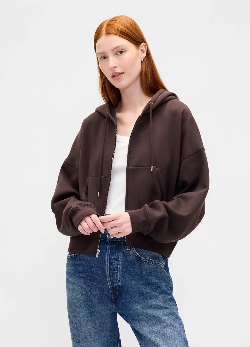 Felpa Con Cappuccio E Zip, Donna, Marrone