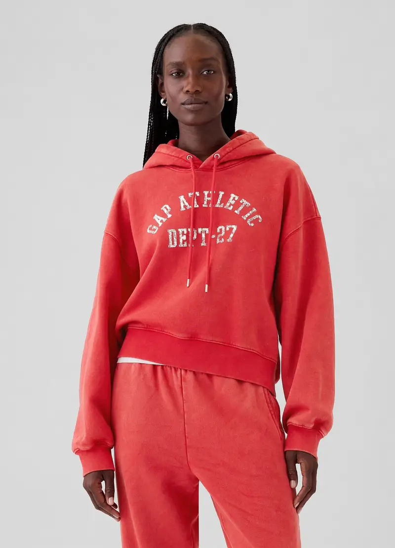 Felpa Crop Con Cappuccio E Stampa, Donna, Rosso