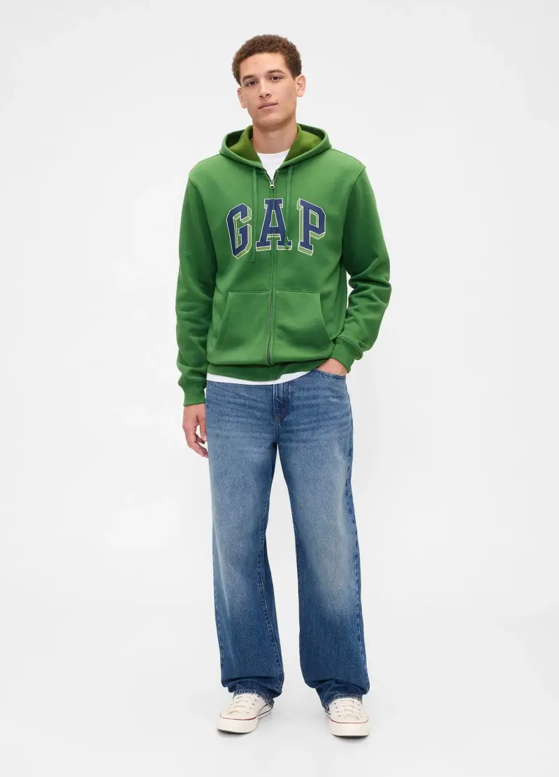 Felpa Full Zip Con Cappuccio, Uomo, Verde miniatura 3