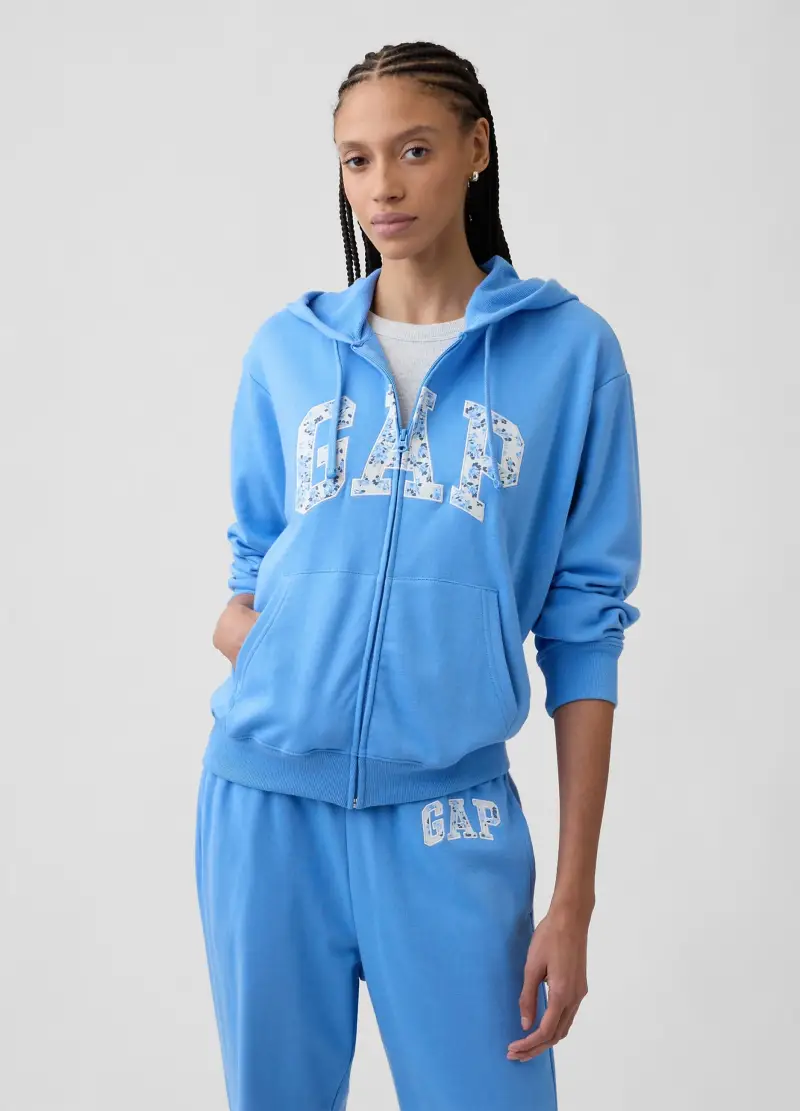 Felpa In Misto Cotone Azzurra Regular Fit Con Zip E Cappuccio, Donna, Azzurro