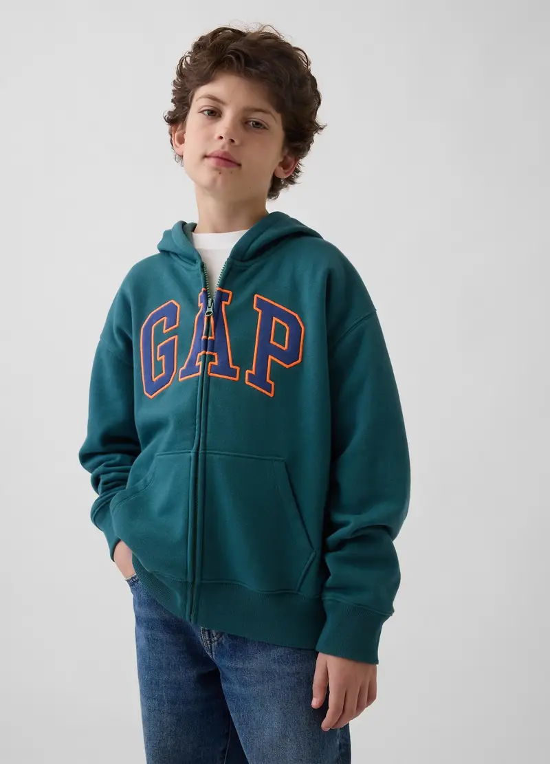 Felpa in misto cotone con logo, zip e cappuccio, Bambino, Verde foglia