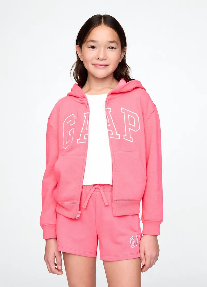 Felpa in misto cotone regular fit con logo, zip e cappuccio, Bambina, Rosa chiaro