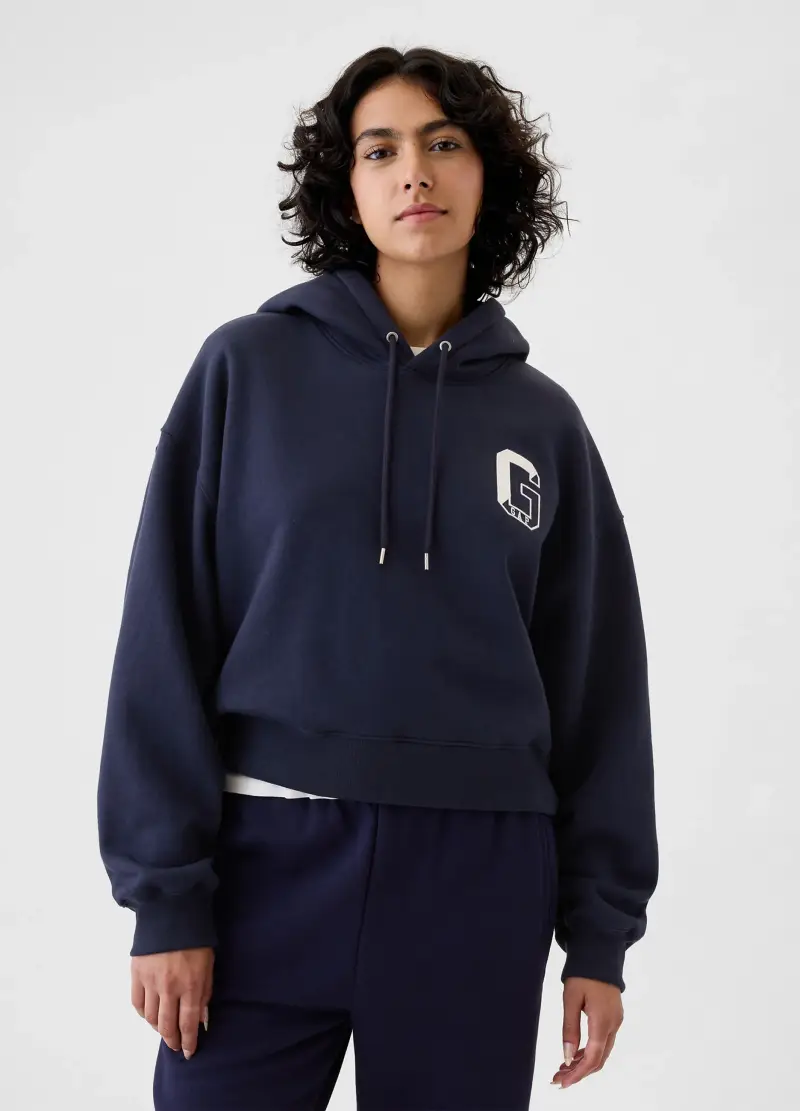 Felpa oversize con cappuccio e logo, , Blu scuro