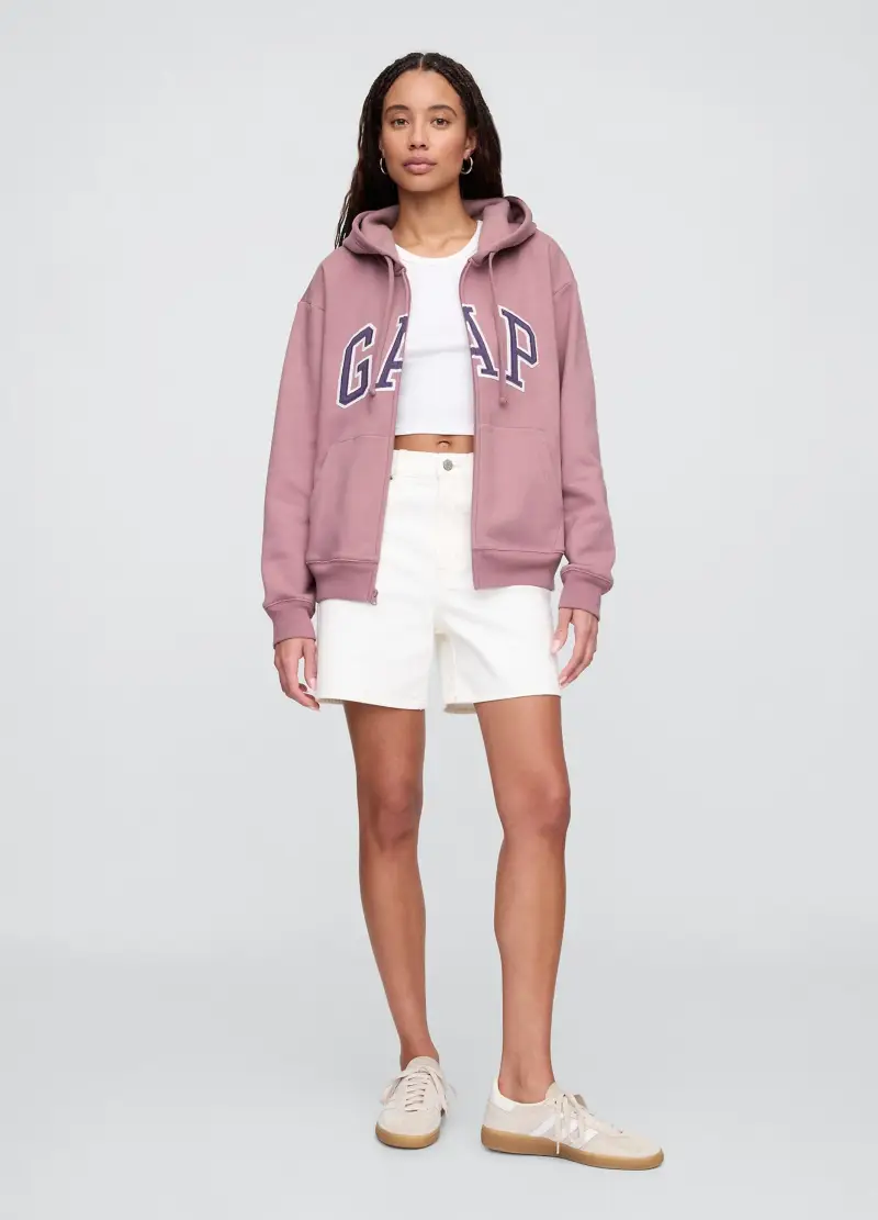 Felpa Rosa Con Cappuccio E Zip, Donna, Rosa miniatura 2