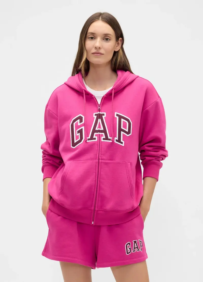 Felpa rosa con cappuccio e zip intera, , Rosa