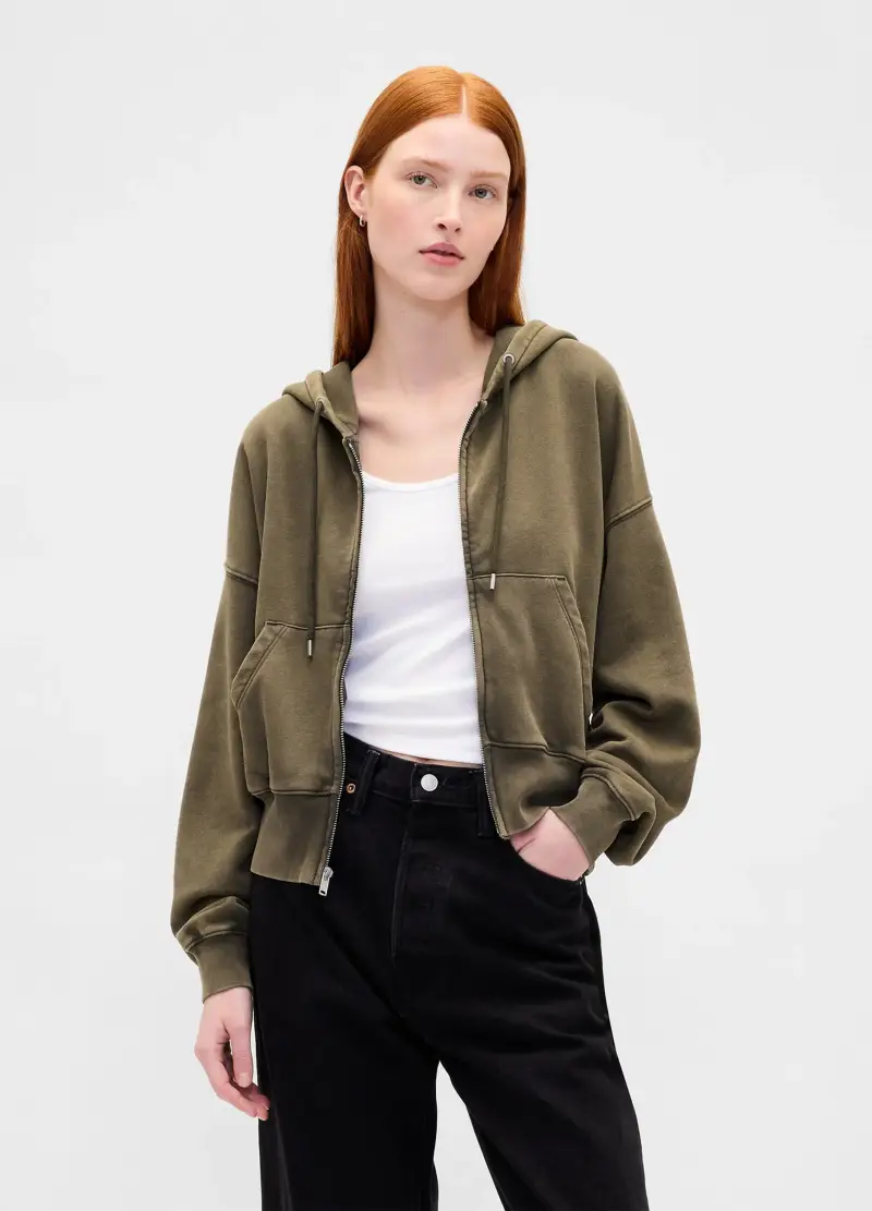 Felpa Verde Con Cappuccio E Zip, Donna, Marrone miniatura 2