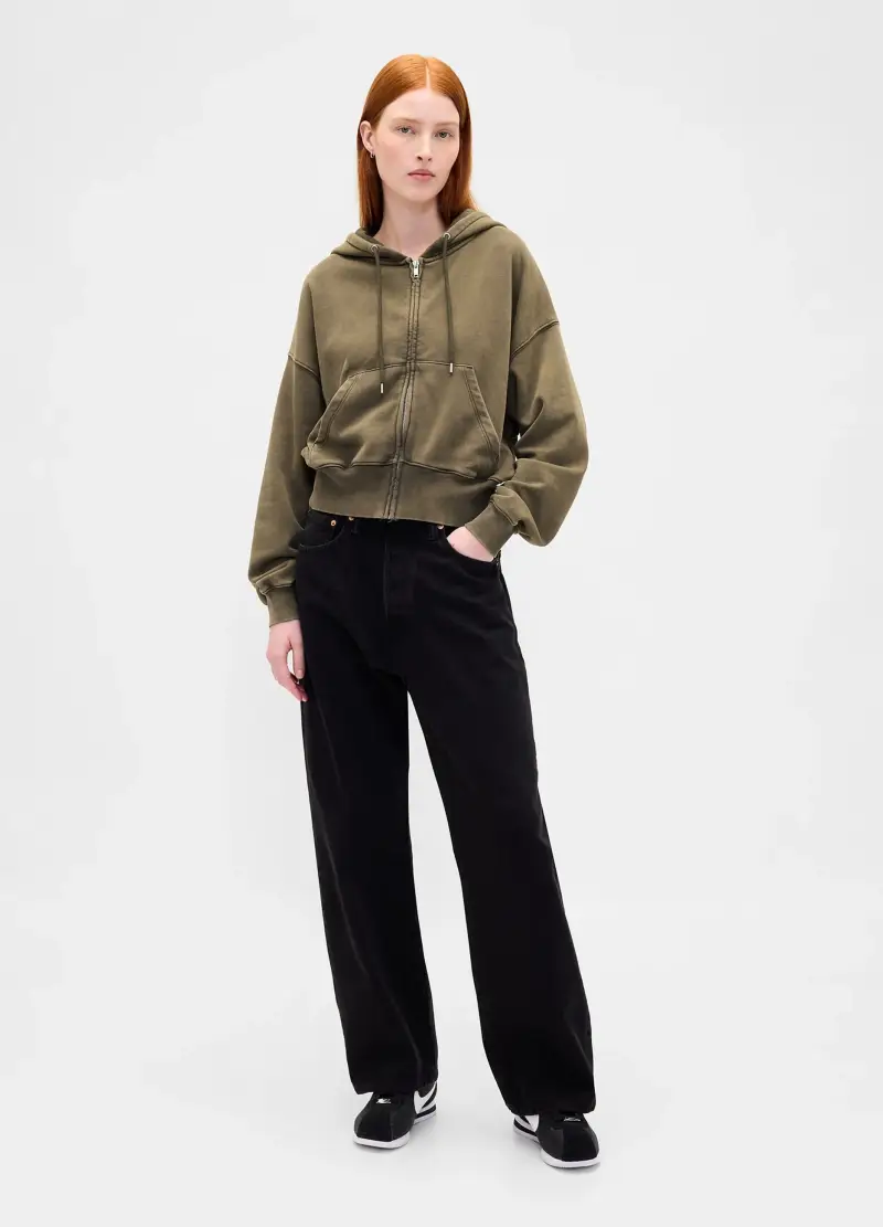 Felpa Verde Con Cappuccio E Zip, Donna, Marrone