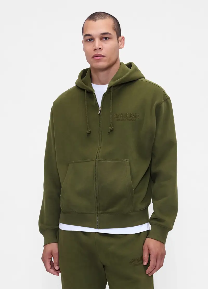 Felpa Verde Con Cappuccio E Zip Intera, Uomo, Verde