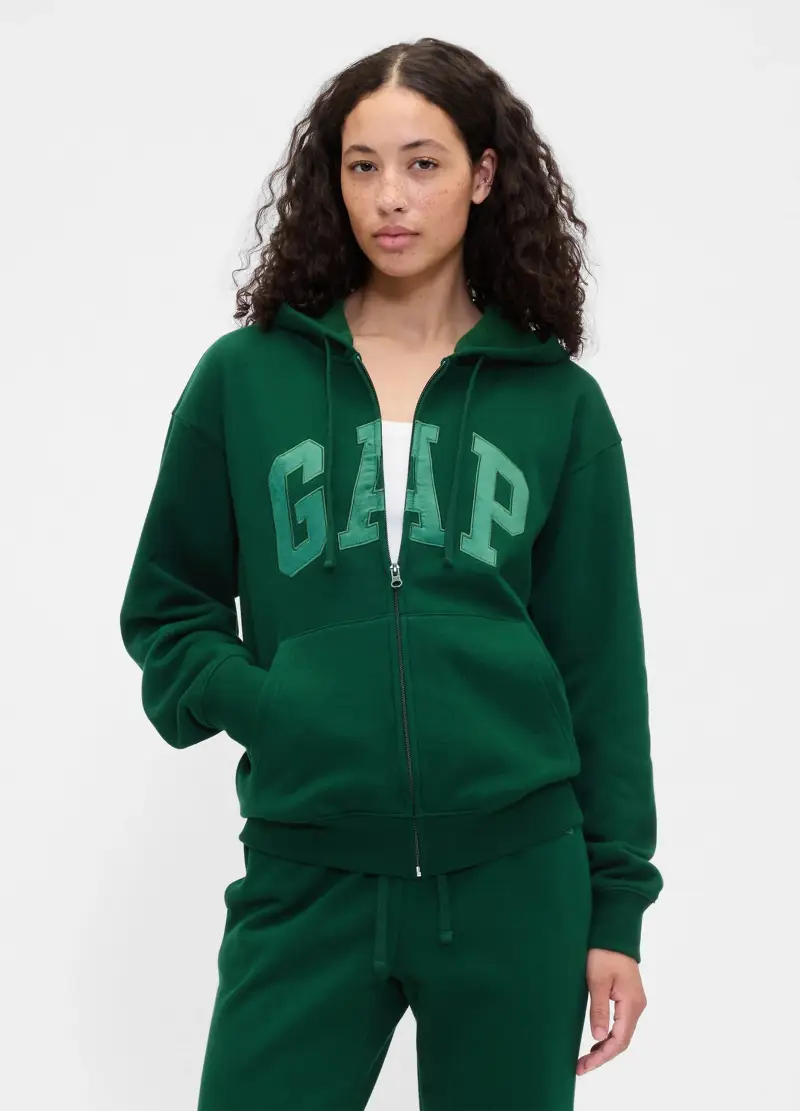 Felpa verde con cappuccio e zip intera, , Verde