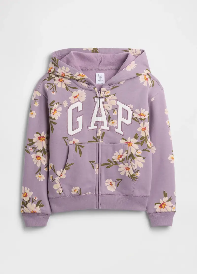 Felpa viola a fiori con cappuccio e zip, Bambina, Viola