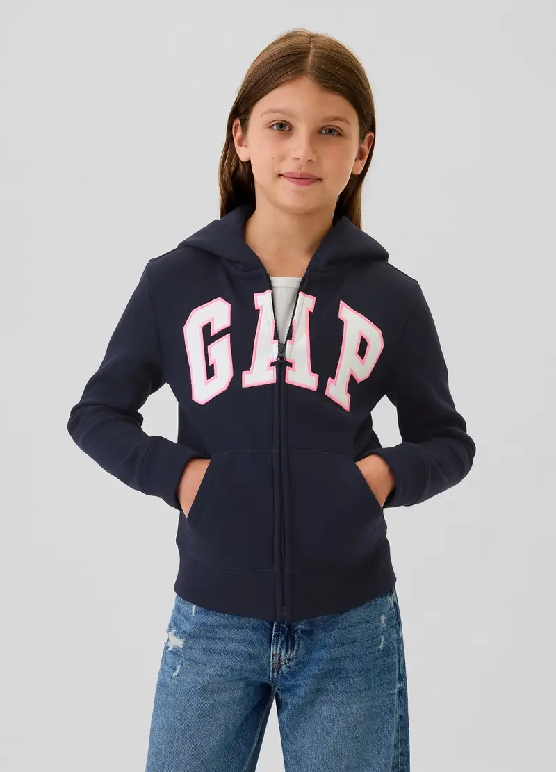 Full-zip con cappuccio e ricamo logo, Bambina, Blu scuro