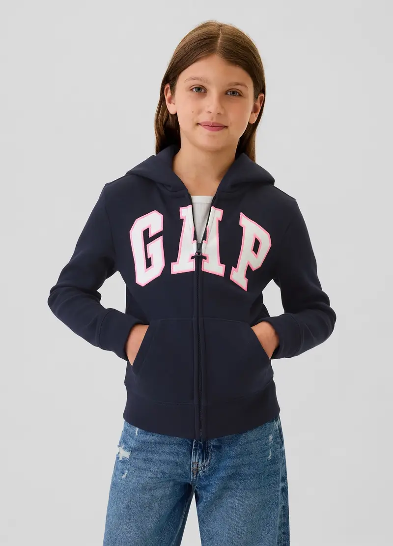GAP - Full-zip con cappuccio e ricamo logo, Bambina, Blu scuro, Taglia XS/99-114