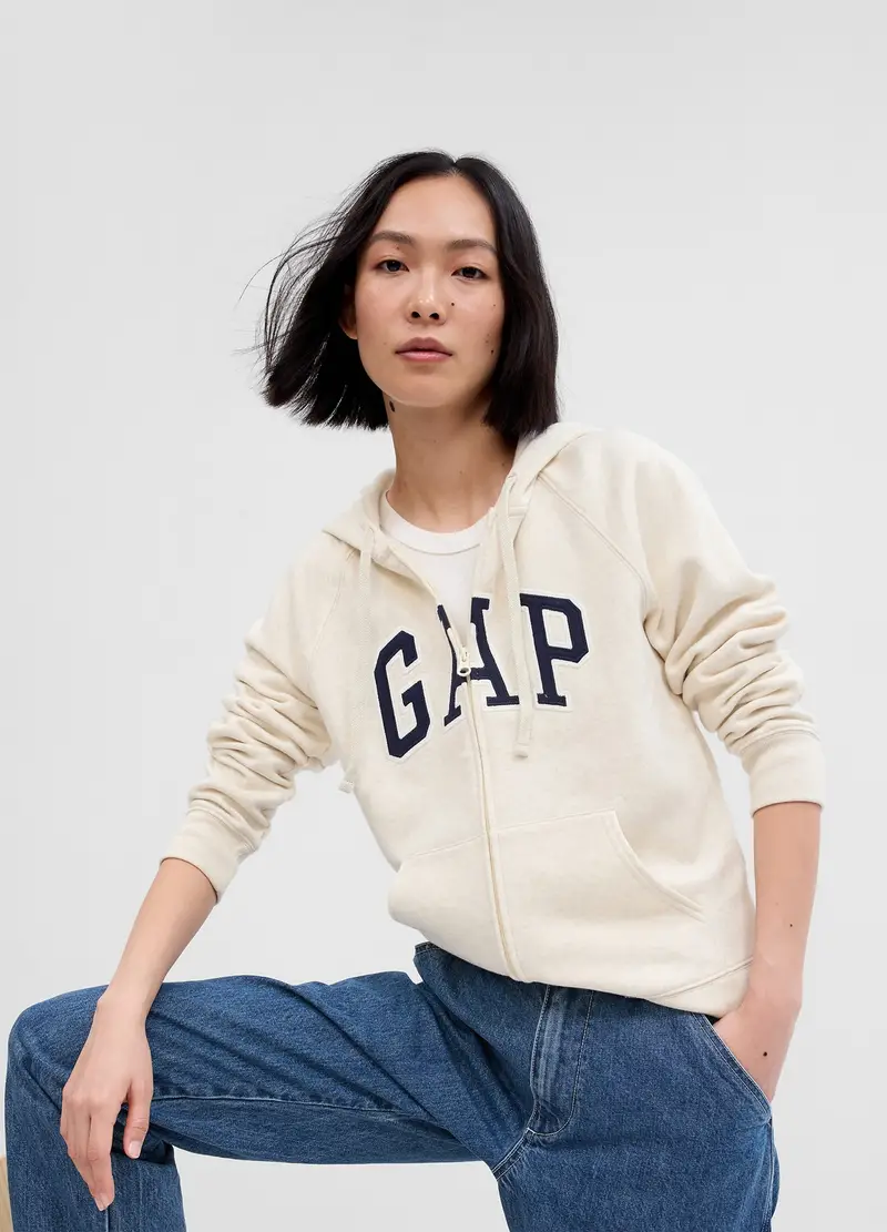 Full-zip con cappuccio ricamo logo, , Bianco panna