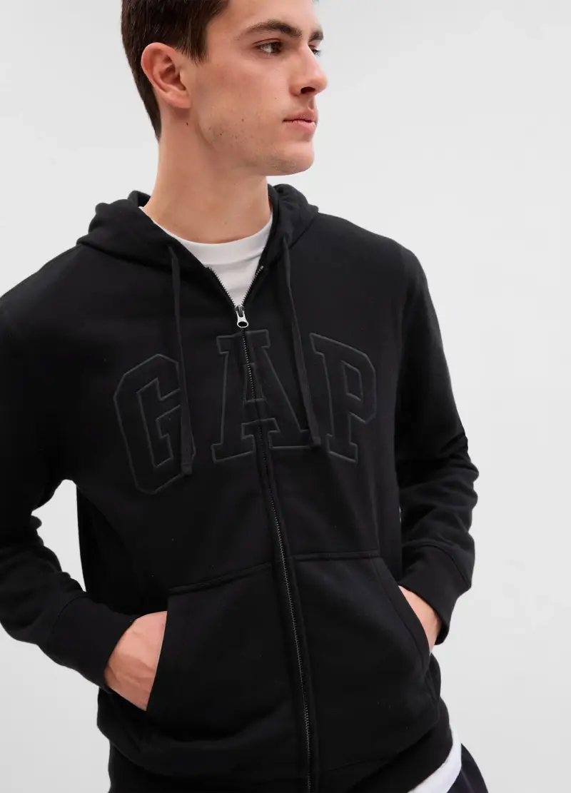 Full-zip In Felpa Con Cappuccio E Ricamo Logo, Uomo, Nero