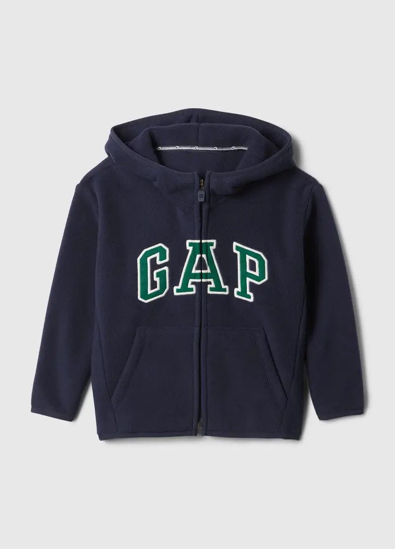 Full-zip in pile con cappuccio e ricamo logo, , Blu scuro