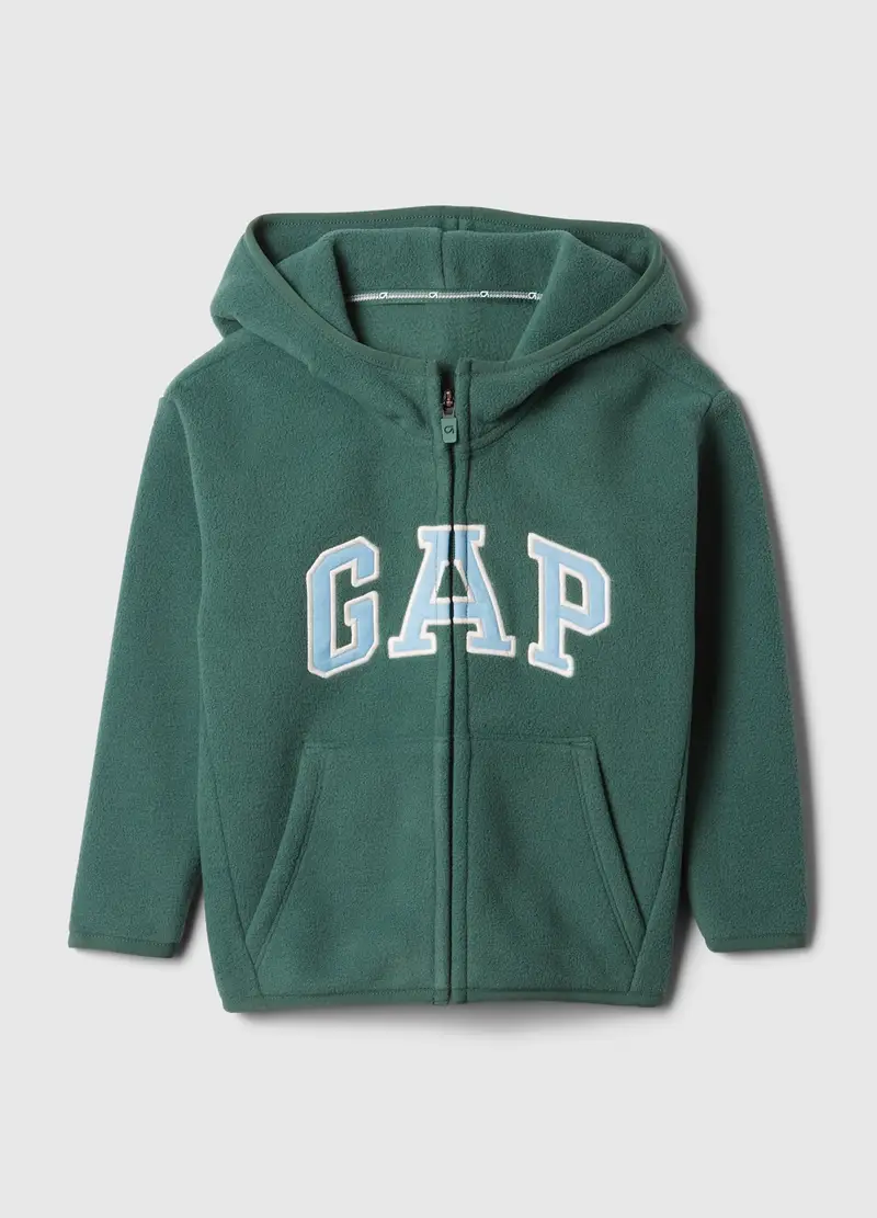 Full-zip in pile con cappuccio e ricamo logo, , Verde salvia