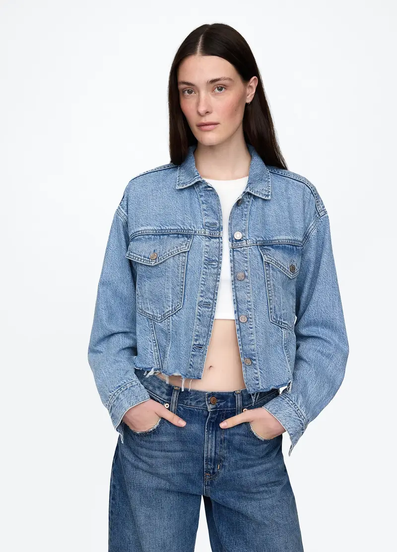 GAP, Giacca Cropped In Denim Con Bordi Sfrangiati, Donna, , Taglia: XS