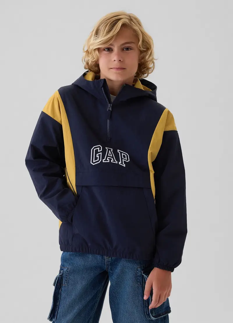 Giubbotto mezza zip con cappuccio e logo, Bambino, Blu/Giallo