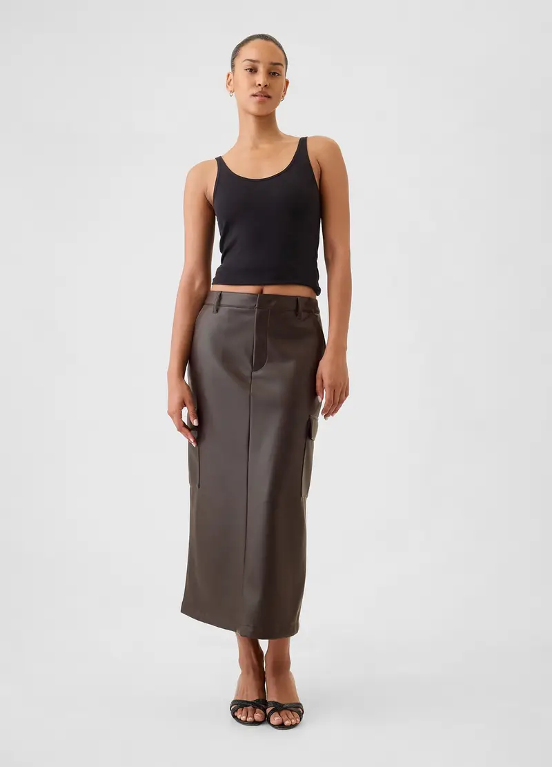 Gonna Midi Cargo Effetto Lucido, Donna, Marrone