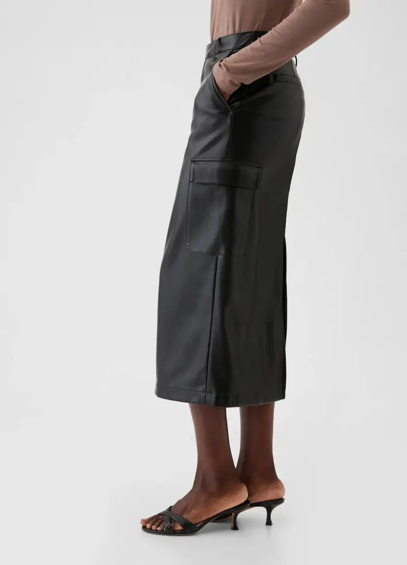 Gonna Midi Cargo Effetto Lucido, Donna, Nero miniatura 2