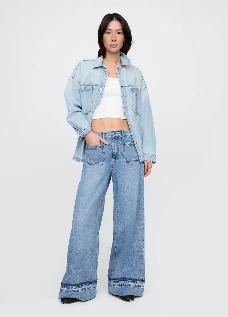Jeans A Gamba Larga In Denim, Donna, Denim