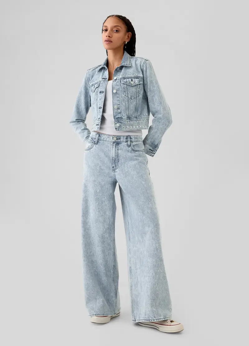 Jeans Baggy Fit Con Borchie, Donna, Denim