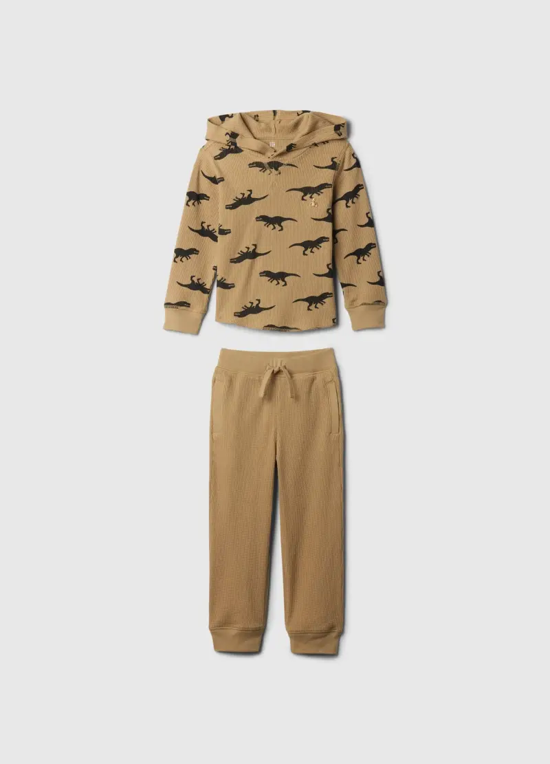 Jogging set con trama waffle e stampa dinosauri, , Beige