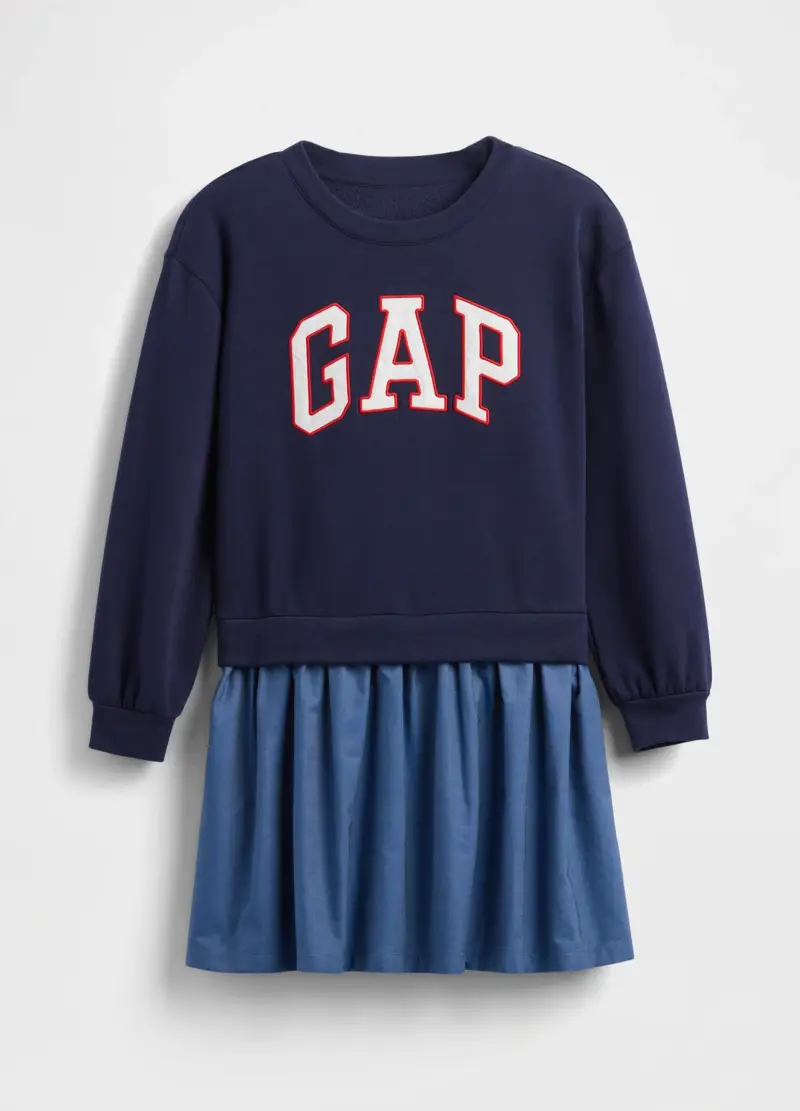 Abito Blu Con Gonna Denim Per Bambina, Bianco miniatura 3