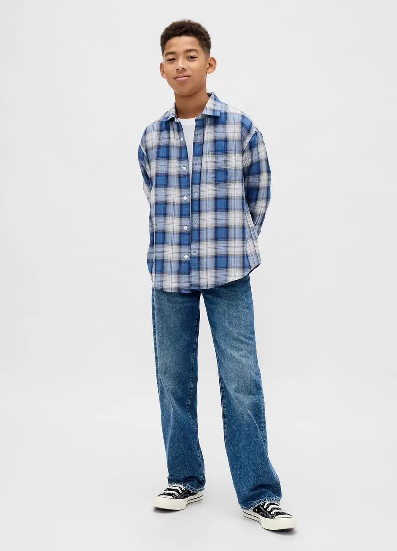 Camicia Blu A Maniche Lunghe In Cotone, Bambino, Bianco miniatura 3