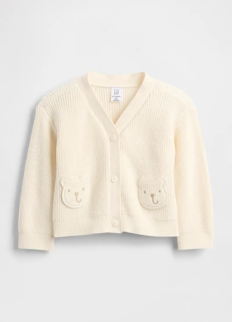 Cardigan Bianco Unisex In Cotone Con Tasche Orsetto, Beige