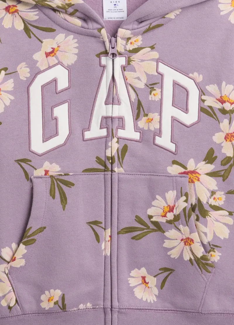 Felpa Con Cappuccio E Zip E Stampa Floreale, Bambina, Viola miniatura 3
