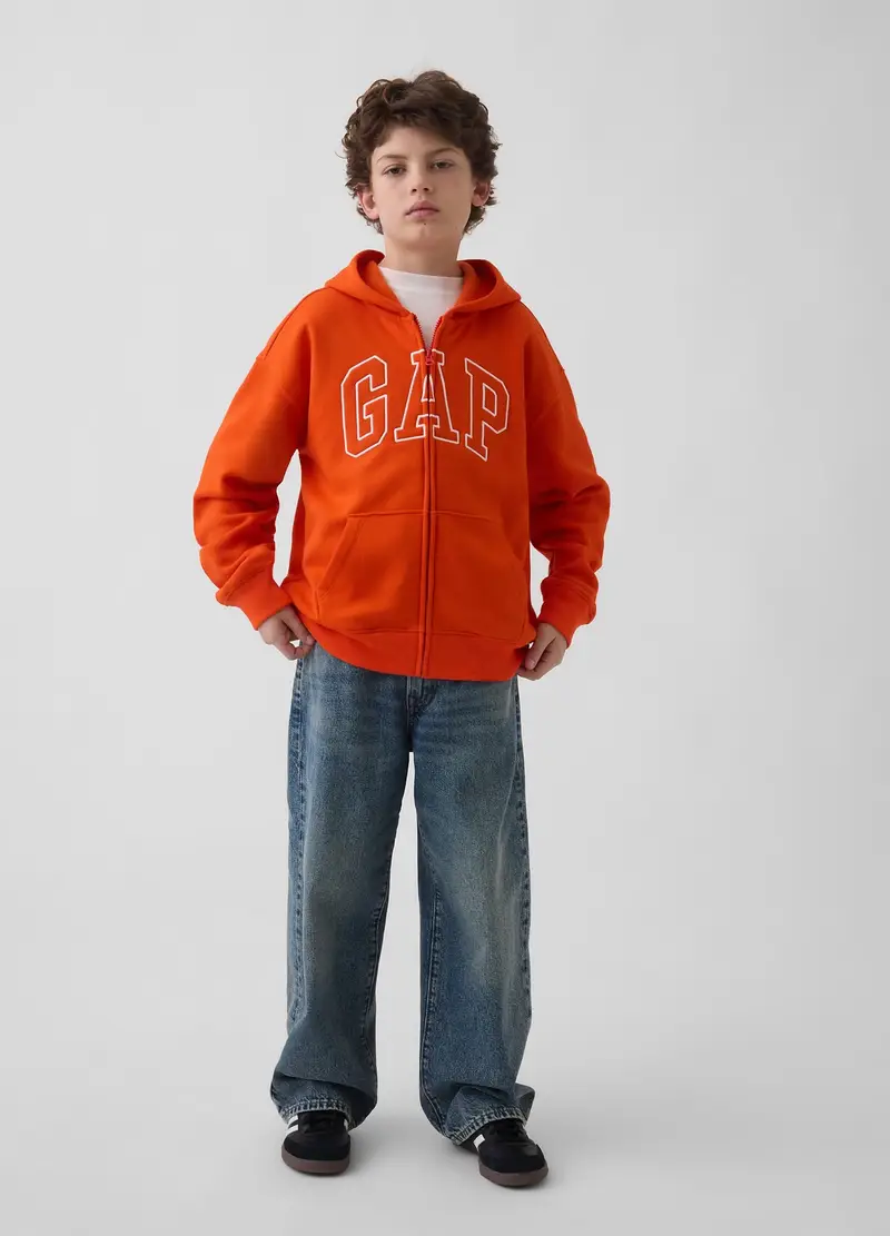 Felpa In Misto Cotone Arancione Da Bambino Con Logo, Zip E Cappuccio, Arancione miniatura 2