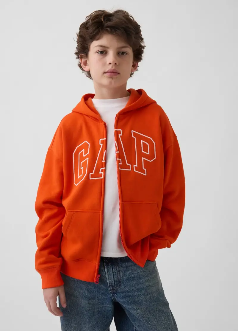 Felpa In Misto Cotone Arancione Da Bambino Con Logo, Zip E Cappuccio, Arancione