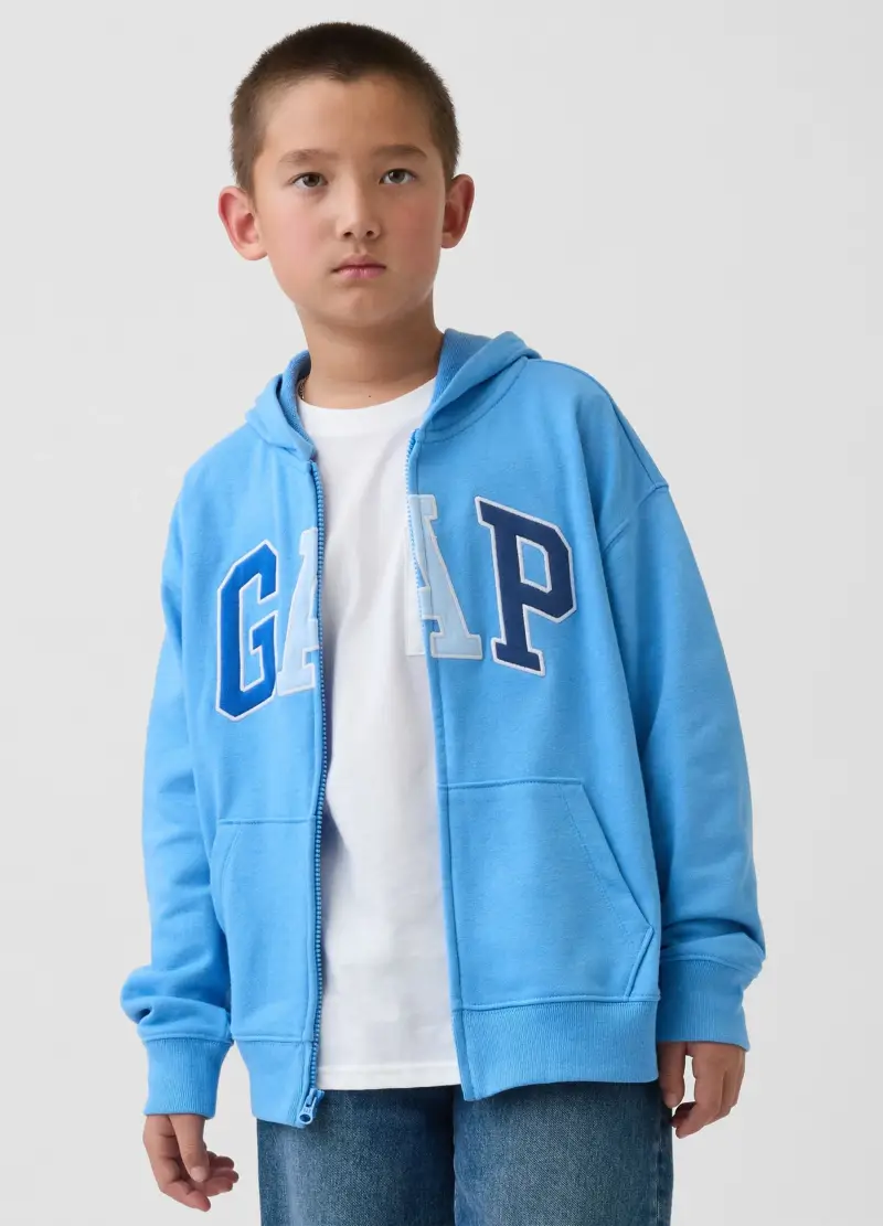 Felpa In Misto Cotone Azzurra Da Bambino Con Logo, Zip E Cappuccio, Azzurro