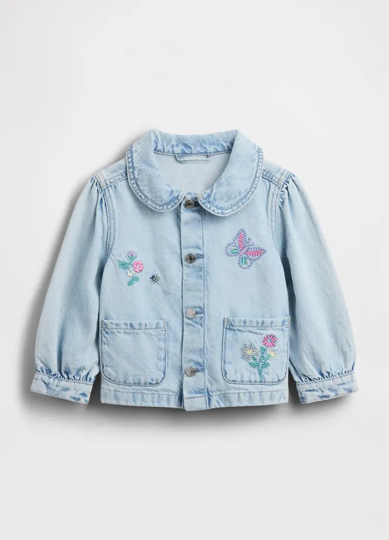 Giacca In Puro Cotone Denim Azzurro Da Neonata Con Ricami, Bambina, Azzurro miniatura 2