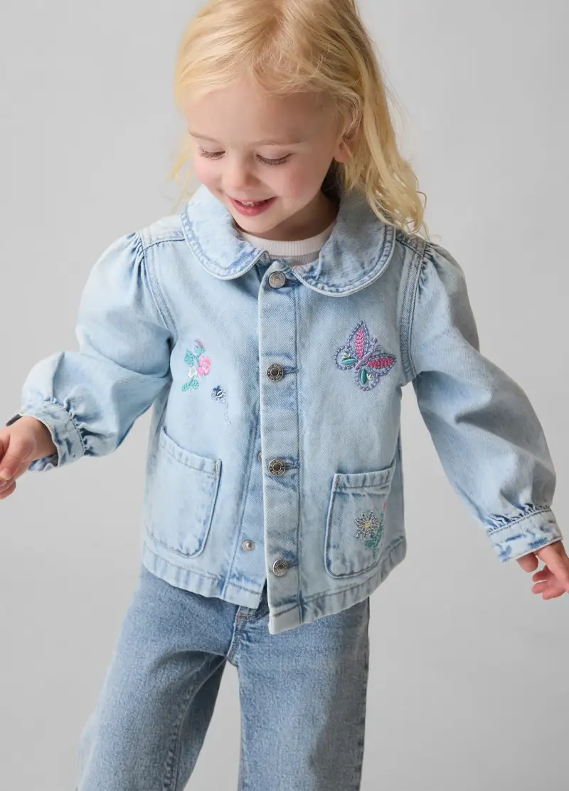 Giacca In Puro Cotone Denim Azzurro Da Neonata Con Ricami, Bambina, Azzurro