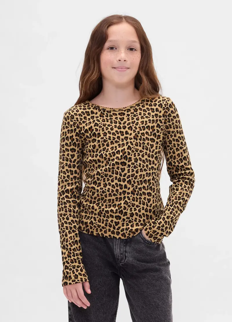 Maglia A Maniche Lunghe Marrone Leopardata In Cotone, Bambina, Nero