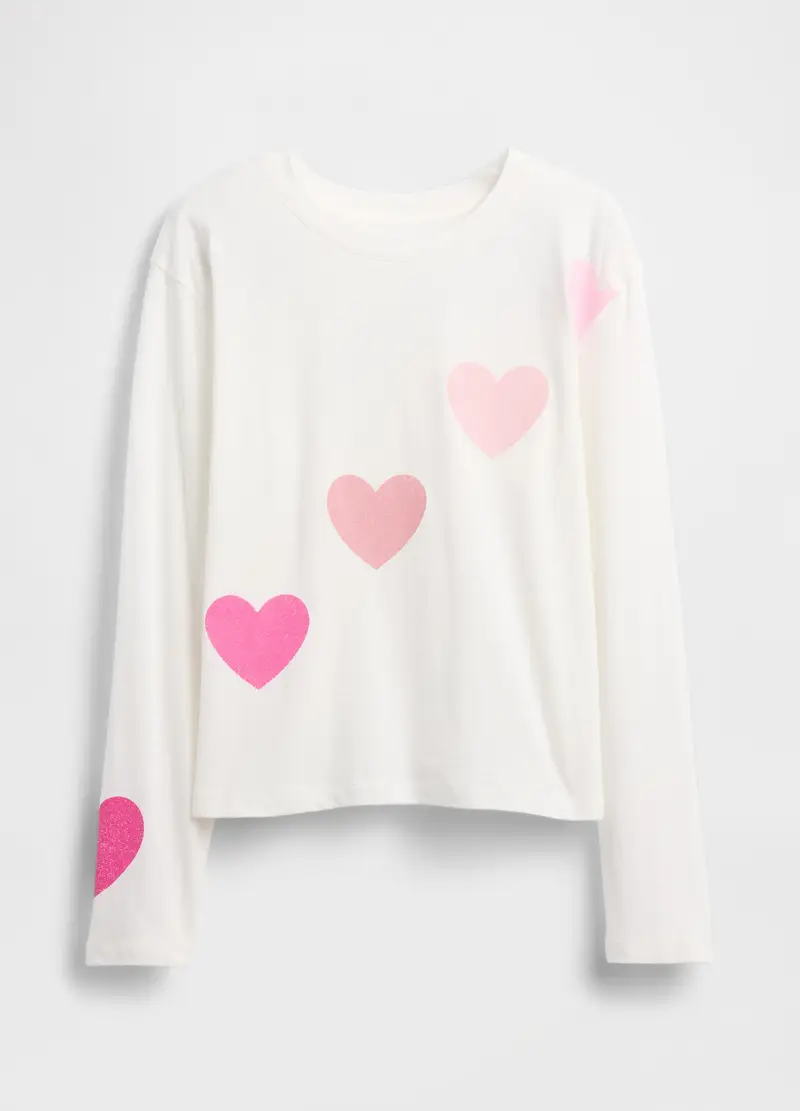 Maglietta A Maniche Lunghe Bianca Con Cuori Rosa, Bambina, Bianco miniatura 3