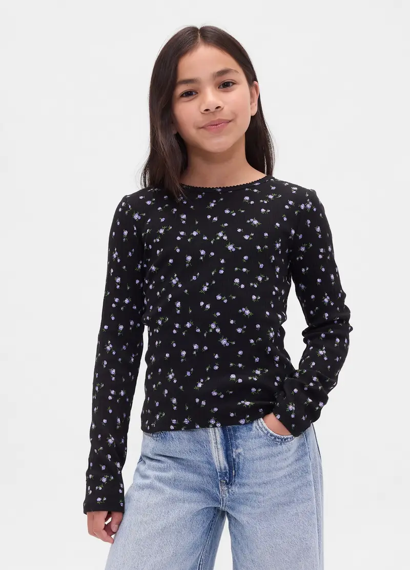 Maglietta A Maniche Lunghe Con Stampa Floreale, Bambina, Nero