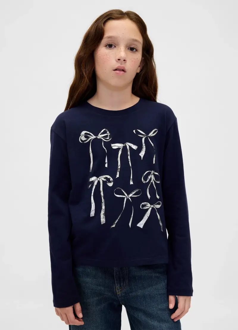 Maglietta Blu A Maniche Lunghe In Cotone Con Fiocchi, Bambina, Nero