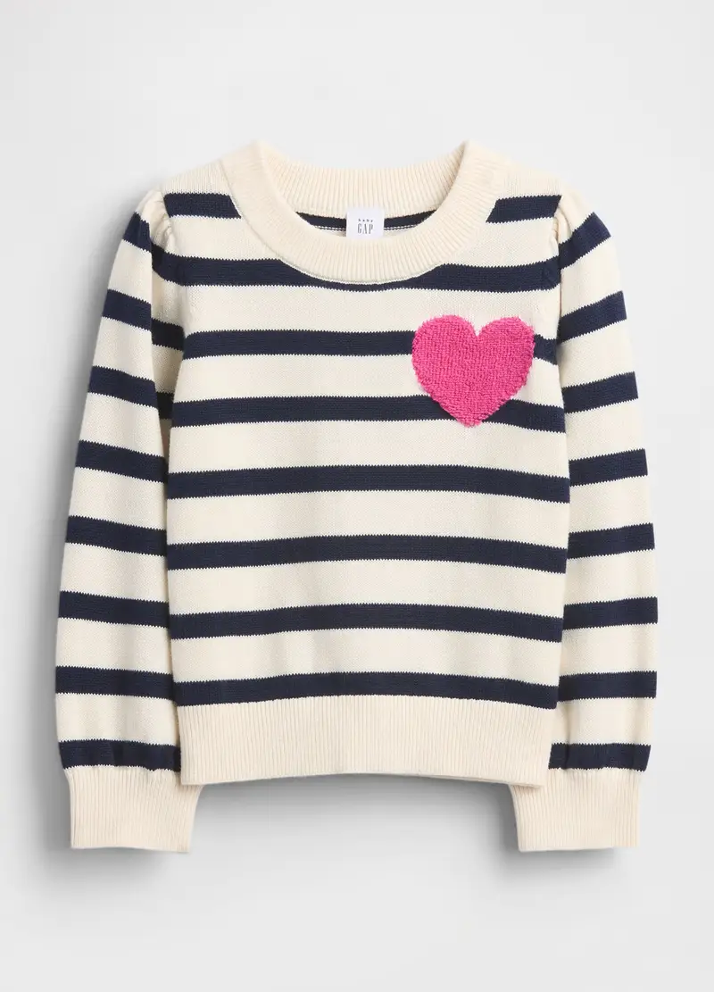 Gap Kids Maglione a Righe con Cuore Rosa Unisex Bianco