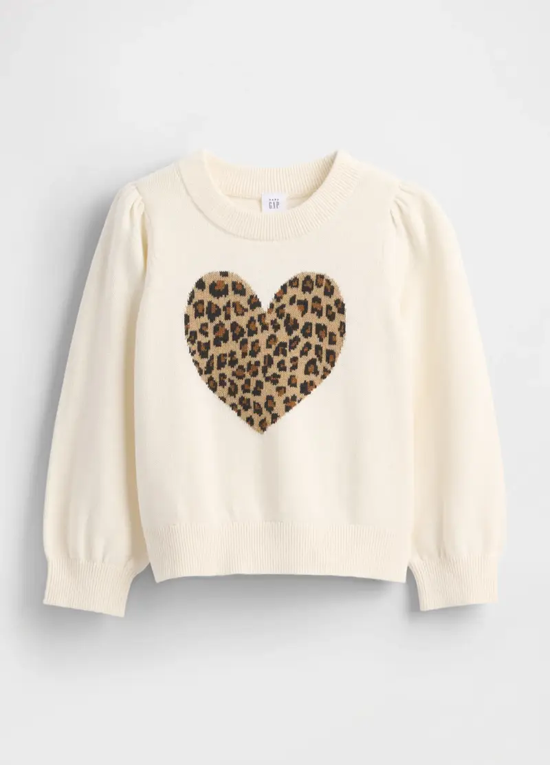 Maglione Bianco In Cotone Con Cuore Leopardato, Unisex, Beige