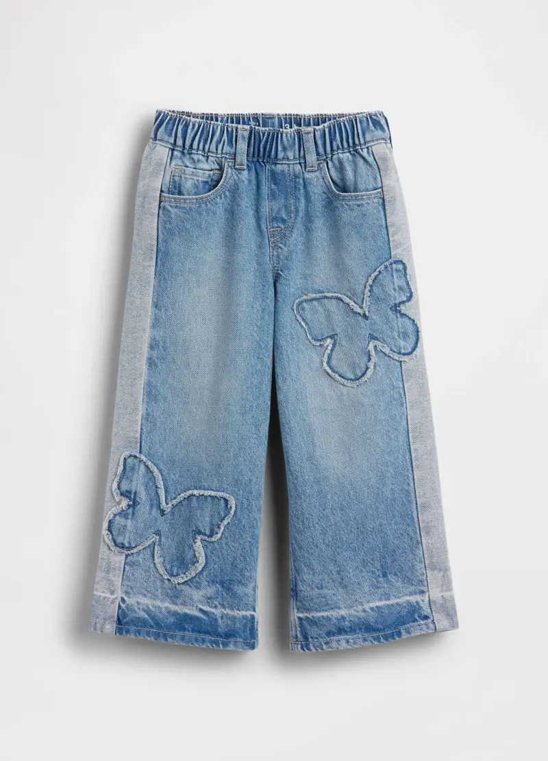 Pantaloni In Puro Cotone Denim Blu Da Neonata Relaxed Fit Con Farfalle, Bambina, Denim miniatura 2
