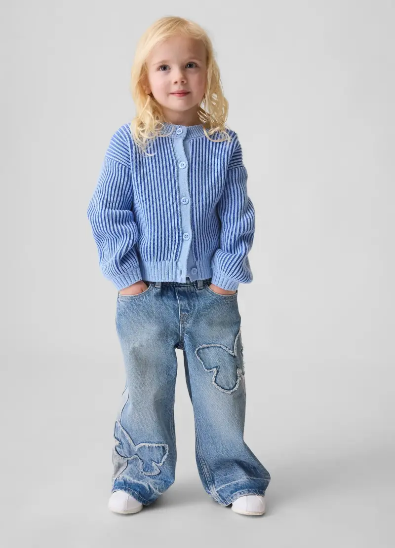 Pantaloni In Puro Cotone Denim Blu Da Neonata Relaxed Fit Con Farfalle, Bambina, Denim