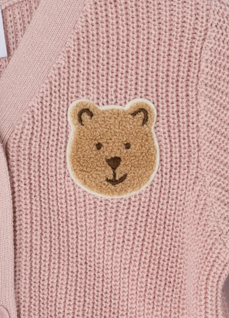 Pullover Con Scollo A V E Patch Orsetto Bouclé, Unisex, Rosa miniatura 3